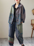 Momentlover Contrast Color Fringed Split-Joint Long Sleeves Printed Outwear + Harem Pants  Two Pieces Set