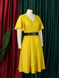Momentlover Solid Color Belted Puff Sleeves Plus Size Round-neck Midi Dresses