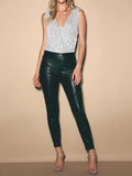 Momentlover Split-Joint Sequined See-Through High-Waisted Sleeveless Skinny V-Neck Bodysuits