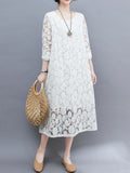Momentlover A-Line Long Sleeves Hollow Round-Neck Midi Dresses