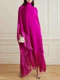 Momentlover Batwing Sleeves Loose Solid Color Split-Joint Tasseled High Neck Evening Dresses Maxi Dresses