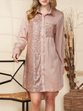 Momentlover Sequined Pockets Buttoned Asymmetric Loose Long Sleeves Lapel Shirt Dress Mini Dresses