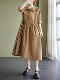 Momentlover Original Loose Solid Color Buttoned Pleated Midi Dress