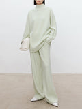 Momentlover Solid Color Long Sleeves High-Neck Sweater Top + Wide Leg Pants Bottom Two Pieces Set