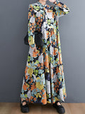 Momentlover Long Sleeves Loose Floral Printed Round-Neck Midi Dresses