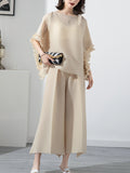 Momentlover Casual Loose Pleated Solid Color Round-Neck T-Shirt Top&Wide Legs Pants Two Pieces Set