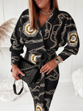 Momentlover Plus Size V Neck Chain Print Bodycon Dress AR56122