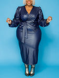Momentlover Plus Size Faux Leather Puff Sleeve Bandage Design Dress AR5696