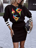Momentlover Plus Size Lantern Sleeve Geometric Print Dress AR56175