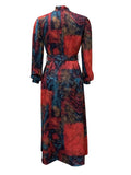 Momentlover Plus Size Tie Neck Mixd Print Belt Design A Line Dress AC2642